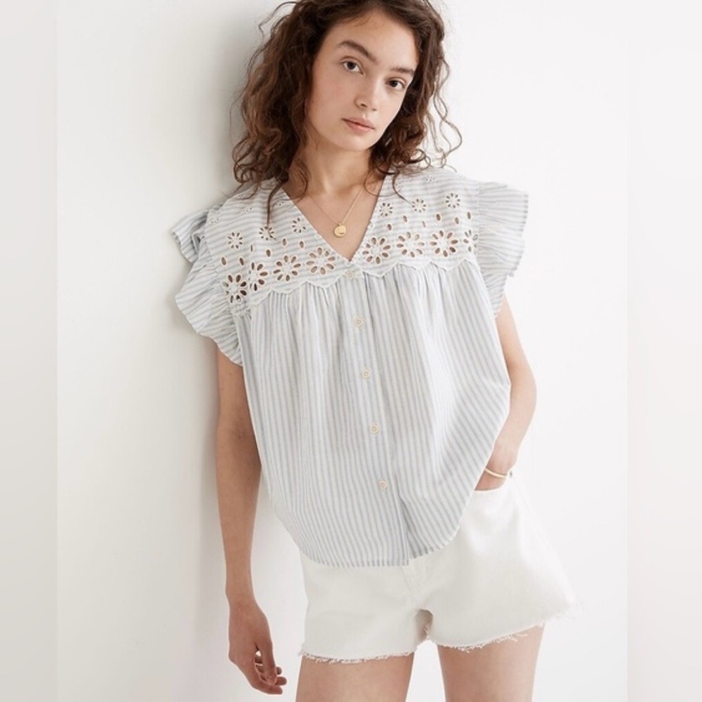 Madewell Blue and White Striped Top with Eyelet Detail